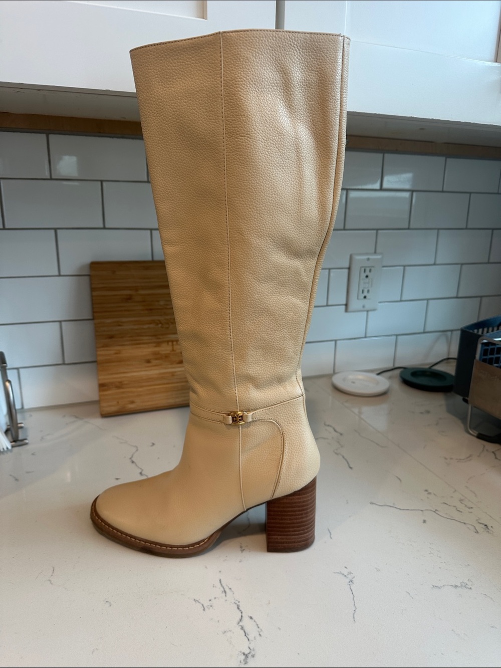 Sam Edelman Tall Cream Leather Block Heel Boots